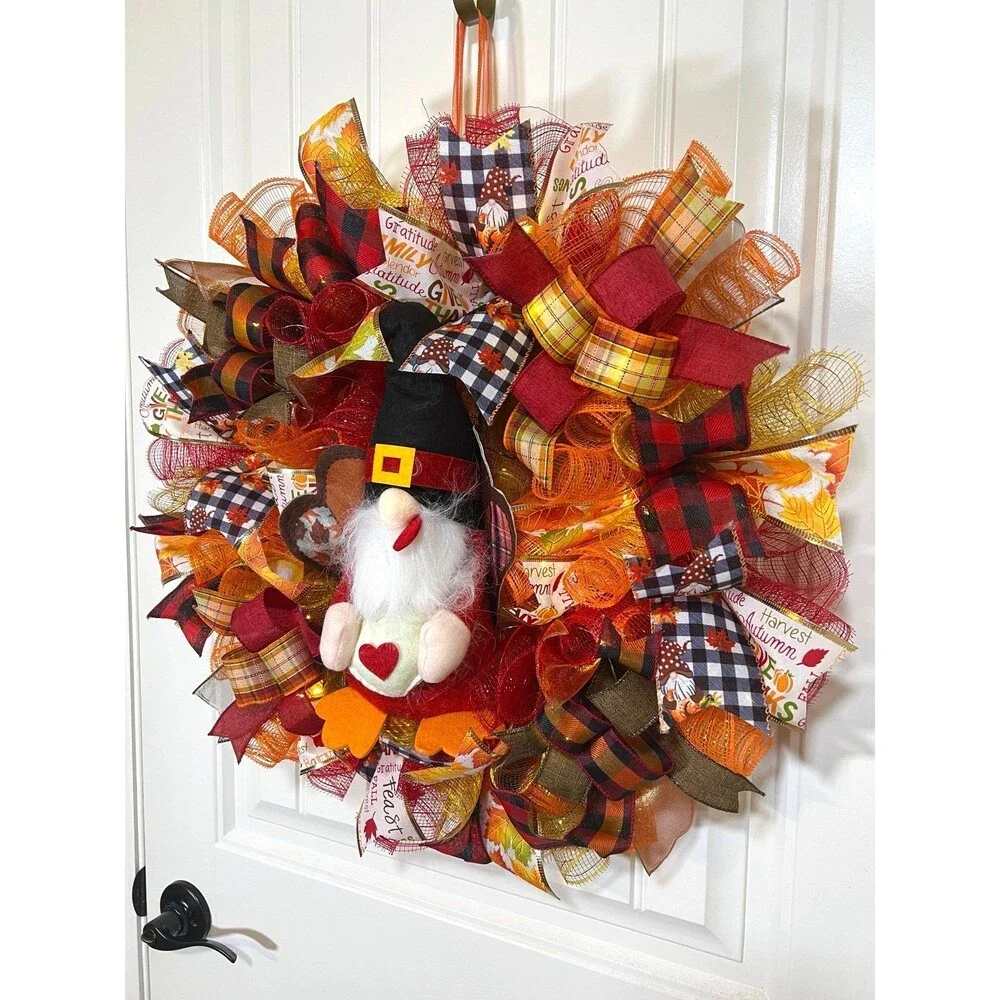 Handmade Thanksgiving Turkey Gnome Ribbon Welcome Door Wreath Leaf 22 in LED
